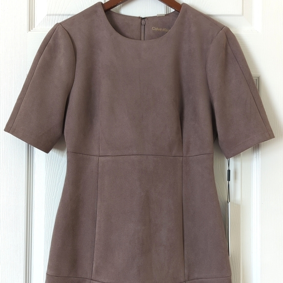 Calvin Klein Faux Suede Round Neck Short Sleeve Pleated A-Line Mini Dress Gray 6 - Picture 2 of 13